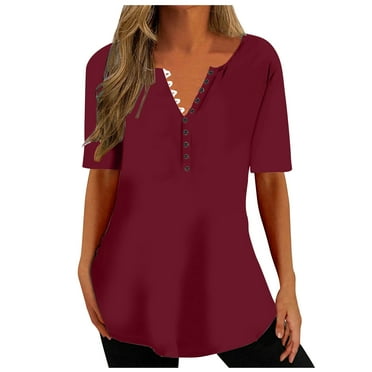 BLVB Summer Shirts for Women Trendy Crewneck Button Short Sleeve Tunic Tops Casual Solid Color Dressy Blouse