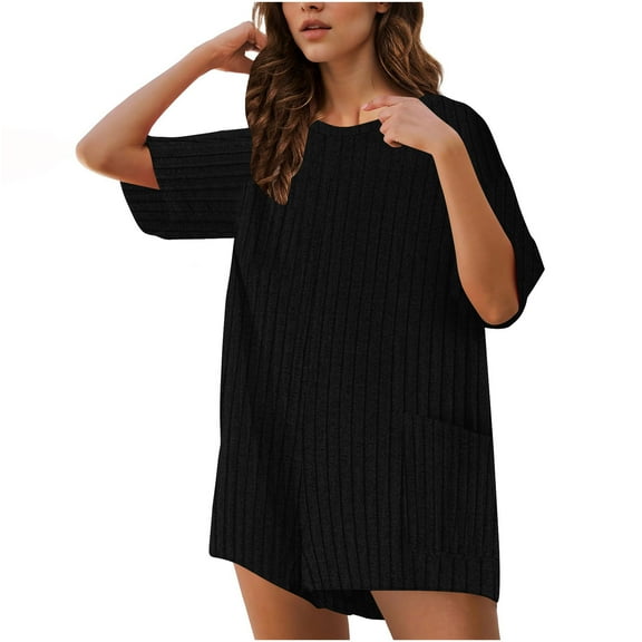 BLVB Summer Short Sleeve Rompers for Women Casual Baggy Knit Ribbed Wide Leg Shorts Jumpsuits Comfy Beach Vacation Playsuits with Pockets