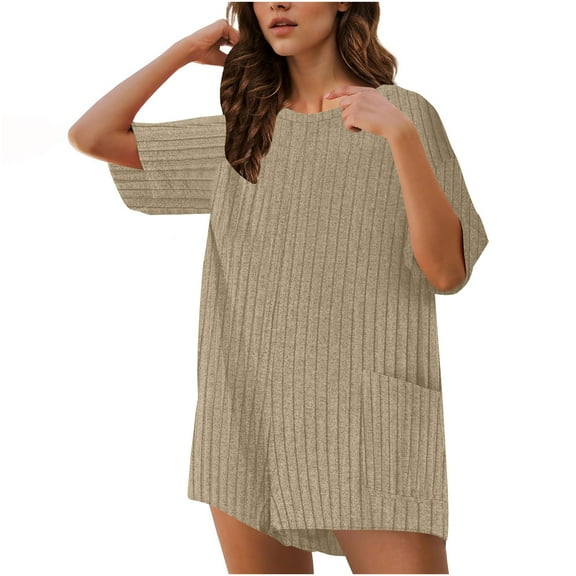 BLVB Summer Short Sleeve Rompers for Women Casual Baggy Knit Ribbed Wide Leg Shorts Jumpsuits Comfy Beach Vacation Playsuits with Pockets