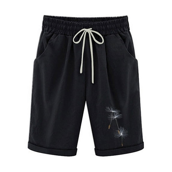 BLVB Summer Shorts for Women Casual Loose Printed Elastic Waist Drawstring Knee Length Shorts with Pockets