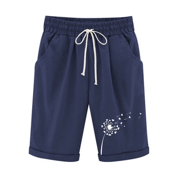 BLVB Summer Shorts for Women Casual Loose Printed Elastic Waist Drawstring Knee Length Shorts with Pockets