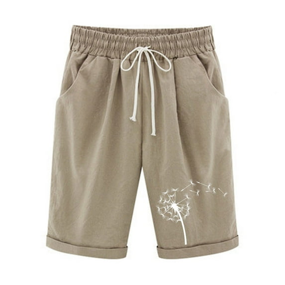 BLVB Summer Shorts for Women Casual Loose Printed Elastic Waist Drawstring Knee Length Shorts with Pockets