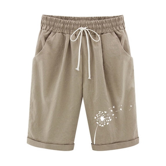 BLVB Summer Shorts for Women Casual Loose Printed Elastic Waist Drawstring Knee Length Shorts with Pockets