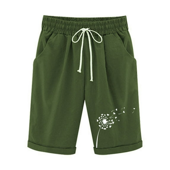 BLVB Summer Shorts for Women Casual Loose Printed Elastic Waist Drawstring Knee Length Shorts with Pockets