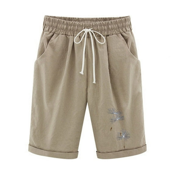 BLVB Summer Shorts for Women Casual Loose Printed Elastic Waist Drawstring Knee Length Shorts with Pockets