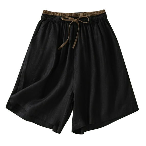 BLVB Summer Shorts for Women Casual Solid Color Elastic Waist Drawstring Cotton Linen Shorts with Pockets