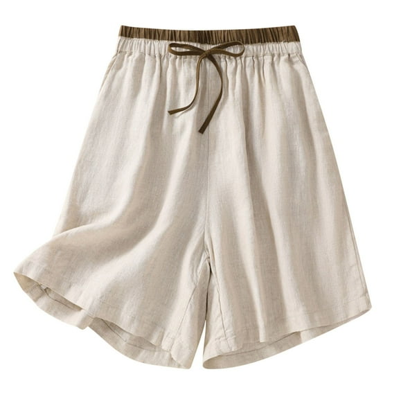 BLVB Summer Shorts for Women Casual Solid Color Elastic Waist Drawstring Cotton Linen Shorts with Pockets