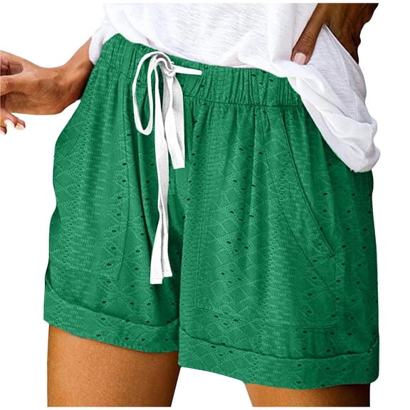 BLVB Summer Shorts for Women Elastic Waisted Drawstring Eyelet Casual Loose Rolled Hem Lounge Shorts with Pockets