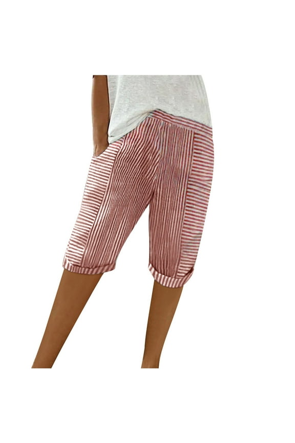 Summer Shorts for Women Striped Elastic Waist Rolled Hem Casual Loose Straight Leg Knee Length Shorts with Pockets