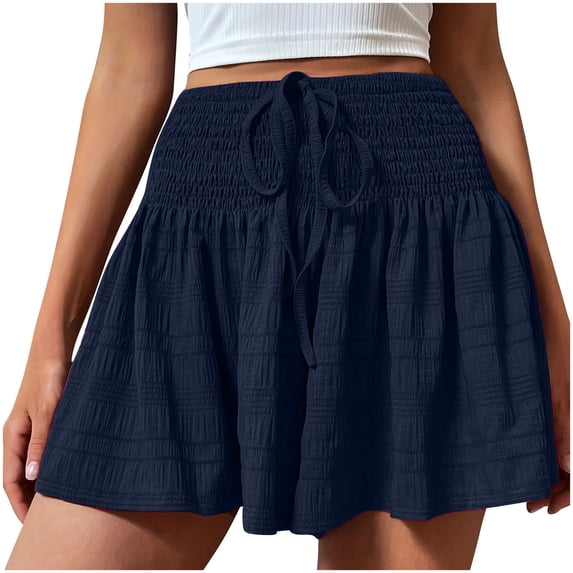 BLVB Summer Shorts for Women Trendy Smocked Elastic Waist Drawstring Casual Loose Flowy Beach Wide Leg Shorts