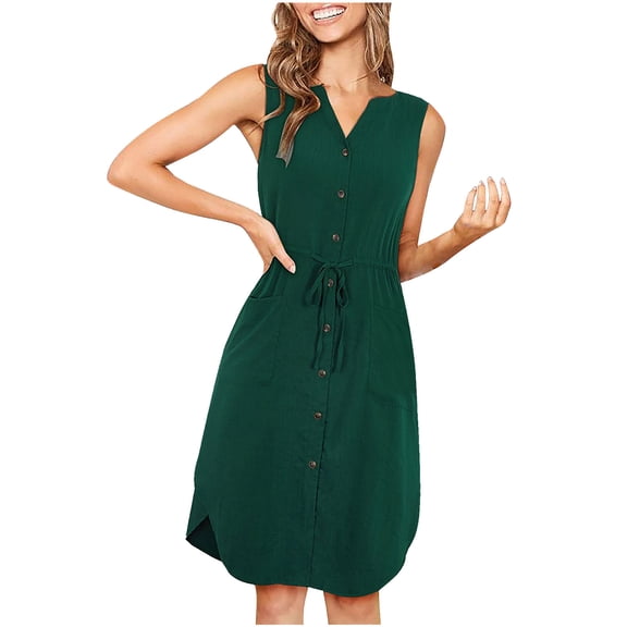 BLVB Summer Sleeveless Dress for Women V Neck Button down Casual Tank Dress Drawstring Waist Midi Sundress with Pockets