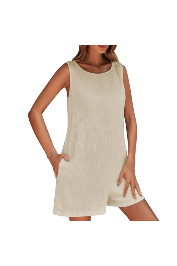 Summer Tank Top Rompers for Women Casual Solid Color Loose Jumpsuits Sleeveless Crewneck Shorts Rompers Clothes