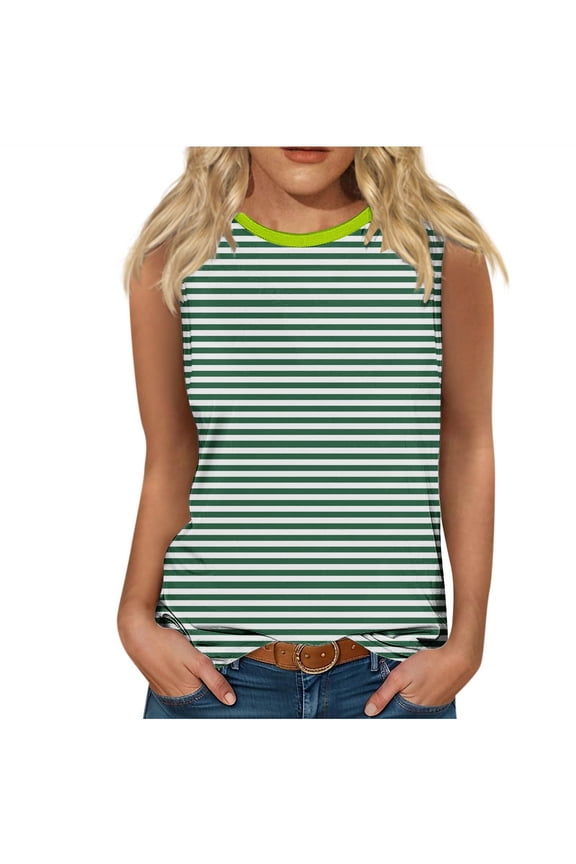Summer Tank Tops for Women Stripes Crewneck Sleeveless T-Shirts Casual Loose Ladies Going out Blouse