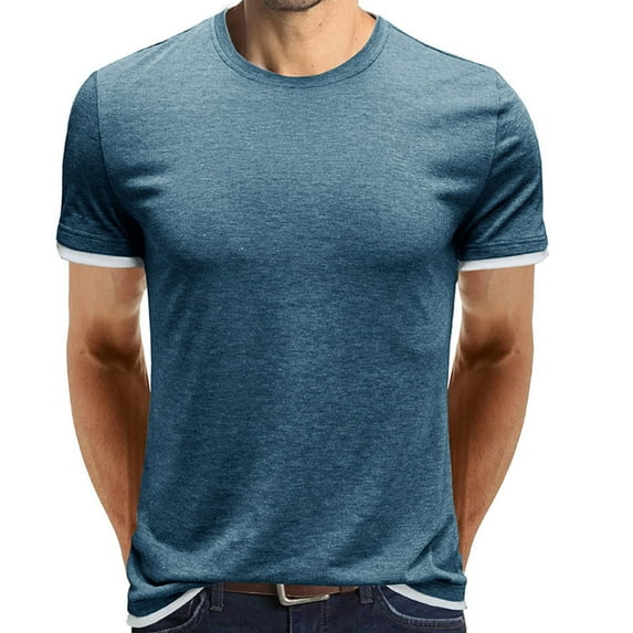 BLVB Summer Tops for Men Round Neck Short Sleeve Basic Shirts Casual Solid Color Sports Workout Blouse Tees