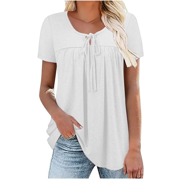 BLVB Summer Tops for Women 2024 Crew Neck Pleated Casual Work T Shirts Solid Color Loose Basic Tunic Tee Tops