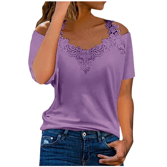 BLVB Summer Tops for Women 2024 Floral Lace Tunic Blouse Short Sleeve Cold Shoulder Shirts Trendy Clothes