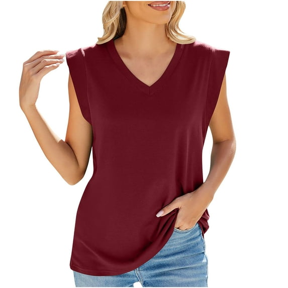 BLVB Summer Tops for Women Casual Loose V Neck Tank Tops Sleeveless Solid Color Basic Tee Shirts Blouse