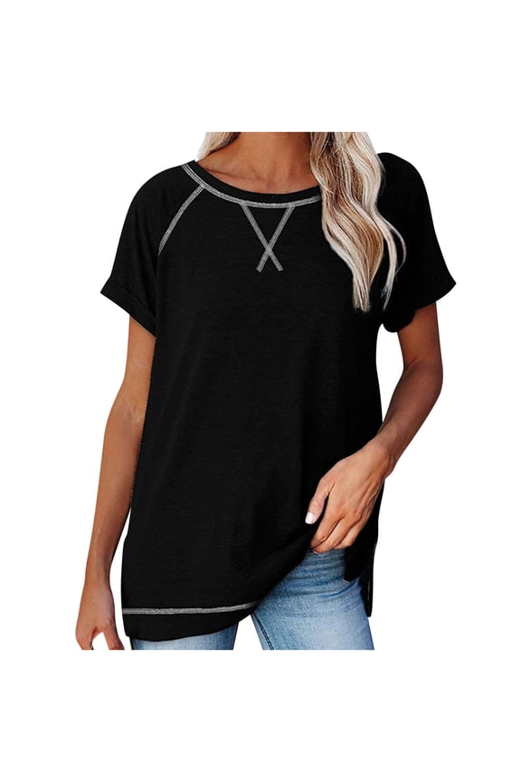 Summer Tops for Women Casual Short Sleeve Crewneck Tshirts Side Split Loose Tunic Tees Shirts Black