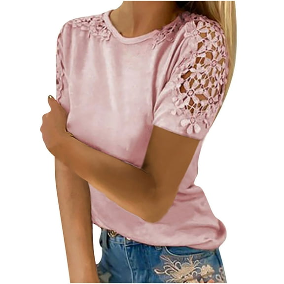 BLVB Summer Tops for Women Crewneck Floral Lace Hollow out Short Sleeve Shirts Dressy Blouse Soft Tunic Clothes