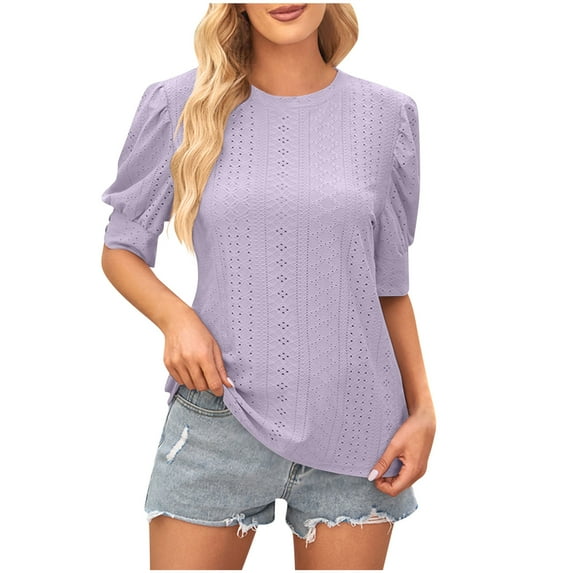 BLVB Summer Tops for Women Crewneck Short Sleeve Eyelet Shirts Casual Solid Color Going out Dressy Blouse Tees