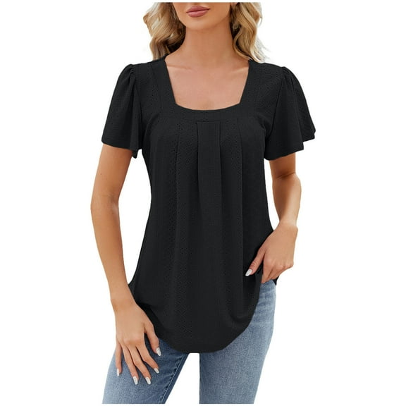 BLVB Summer Tops for Women Square Neck Short Sleeve Eyelet Tunic Shirts Casual Pleated Solid Color Going out Blouse