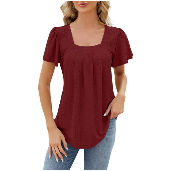 BLVB Summer Tops for Women Square Neck Short Sleeve Eyelet Tunic Shirts Casual Pleated Solid Color Going out Blouse