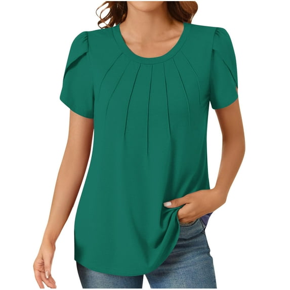 BLVB Summer Tops for Women Trendy Petal Sleeve Crewneck Short Sleeve Blouse Pleated Casual Going out Shirts