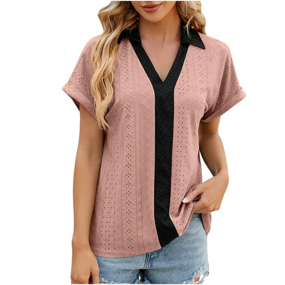 BLVB Summer Tunic Tops for Women 2024 V-Neck Short Sleeve Eyelet Shirts Casual Loose Dressy Blouses