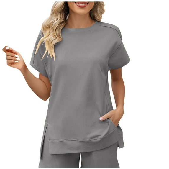 BLVB Summer Tunic Tops for Women Crew Neck Short Sleeve Shirts Side Slit Casual Loose Dressy Blouse