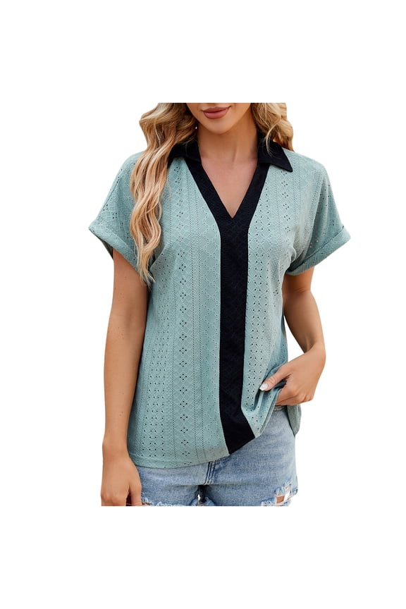Summer Tunic Tops for Women V-Neck Short Sleeve Eyelet Shirts Casual Loose Dressy Blouses