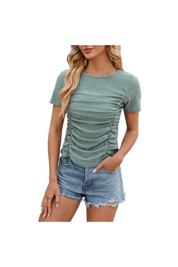 Summer Tunic Tops for Women Crewneck Ruched Short Sleeve Eyelet T-Shirts Casual Slim Going out Dressy Blouse Tees