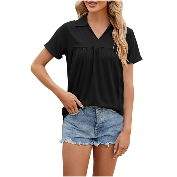 BLVB Summer Tunic Tops for Women Lapel V Neck Short Sleeve Blouse Casual Pleated Solid Color Going out Dressy T-Shirts