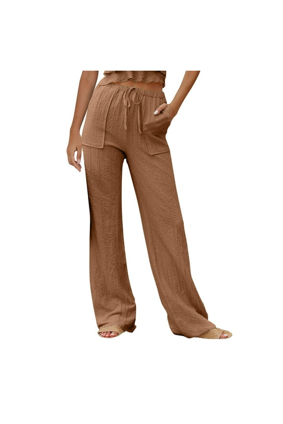 Summer Wide Leg Pants for Women Loose Flowy Boho Beach Trousers Drawstring Waist Lightweight Lounge Slacks with Pockets