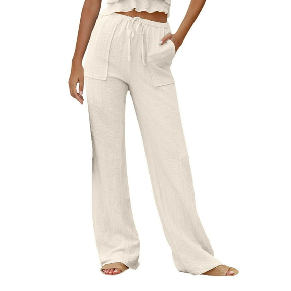 BLVB Summer Wide Leg Pants for Women Loose Flowy Boho Beach Trousers Drawstring Waist Lightweight Lounge Slacks with Pockets