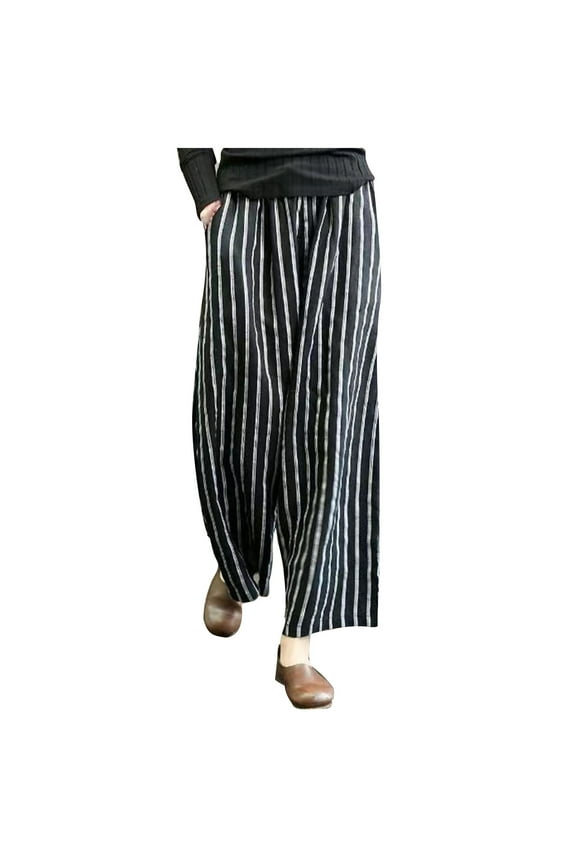 Summer Wide Leg Pants for Women Elastic Waist Loose Boho Beach Pants Casual Striped Palazzo Trousers with Pockets
