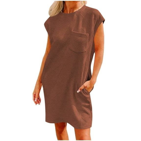 BLVB Sun Dresses for Women Crewneck Cap Sleeve Casual Loose Solid Color Summer Mini Dress with Pockets