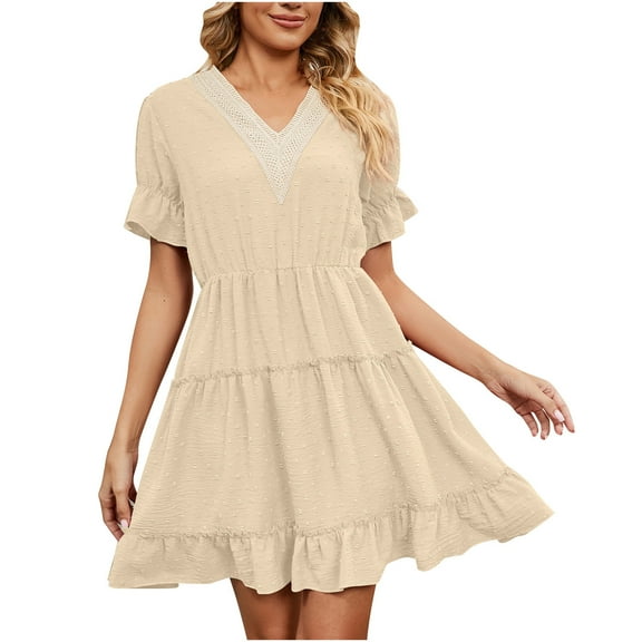 BLVB Sundress for Women V Neck Lace Trim Ruffle Short Sleeve Dress Casual Flowy Summer Beach Mini Dresses