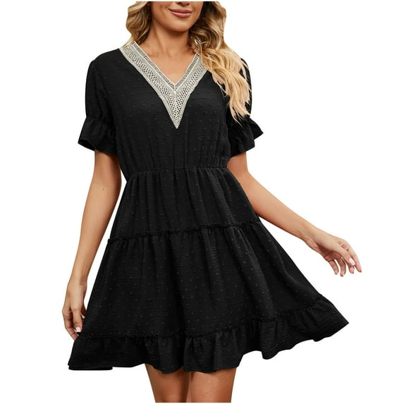 BLVB Sundress for Women V Neck Lace Trim Ruffle Short Sleeve Dress Casual Flowy Summer Beach Mini Dresses