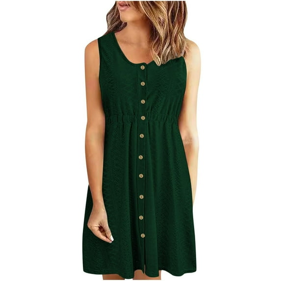 BLVB Sundresses for Women 2025 Sleeveless Eyelet Casual Beach Dress Button down Crewneck High Waist Tank Dress