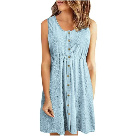 BLVB Sundresses for Women Sleeveless Eyelet Casual Beach Dress Button down Crewneck High Waist Tank Dress