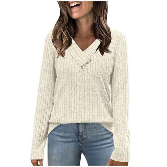 BLVB Sweaters for Women Long Sleeve Shirts V Neck Tunic Tops with Buttons Casual Work Blouse Fall Fashion Outfits Basic Clothing