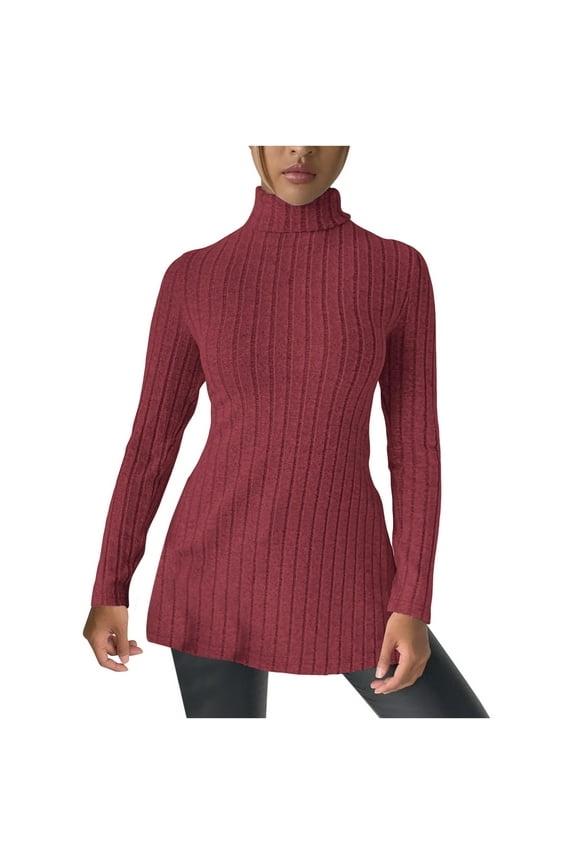 Sweaters for Women Long Sleeve Turtleneck Side Split Slim Knit Pullover Sweater Tops for Fall Winter