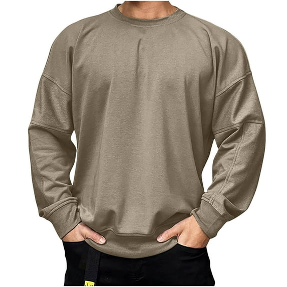 BLVB Sweatshirts for Men Round Neck Long Sleeve Pullover Blouse Casual Solid Color Loose Fall Spring Tops Khaki