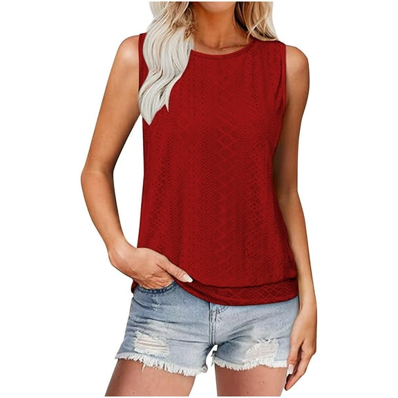 BLVB Tank Top for Women Summer Outfits Crewneck T Shirts Trendy Eyelet Sleeveless Basic Beach Vacation Clothes