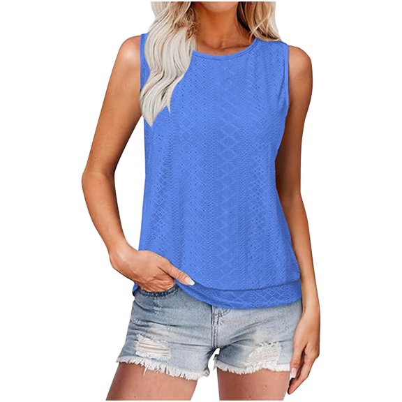BLVB Tank Top for Women Summer Outfits Crewneck T Shirts Trendy Eyelet Sleeveless Basic Beach Vacation Clothes