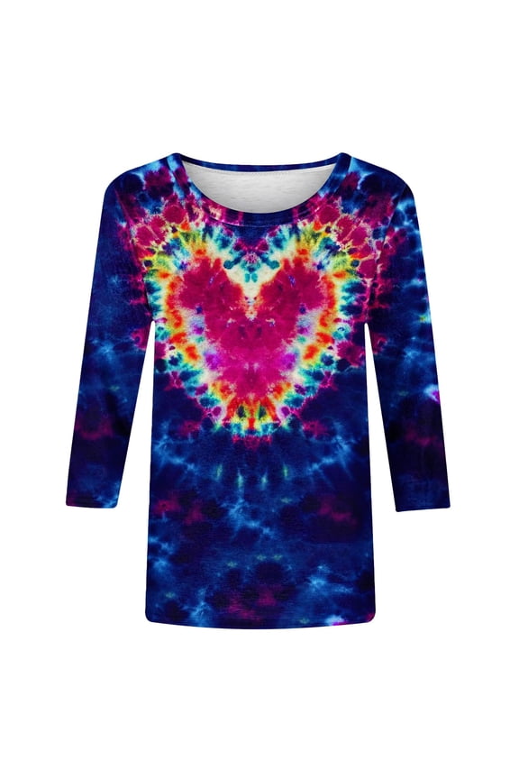 Tie Dye Heart Graphic T Shirt Women Valentines Shirt Cute Pattern 3/4 Sleeve Tops Spring Crewneck Tees