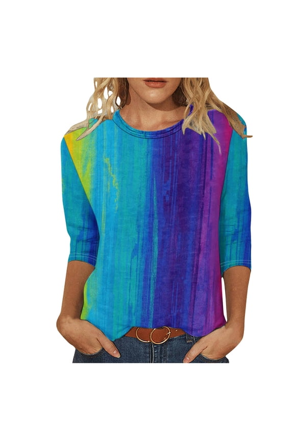 Tie Dye Shirts for Women 3/4 Sleeve Crewneck Ladies Tops and Blouses Dressy Casual Cute Tops Tunics Blue 4