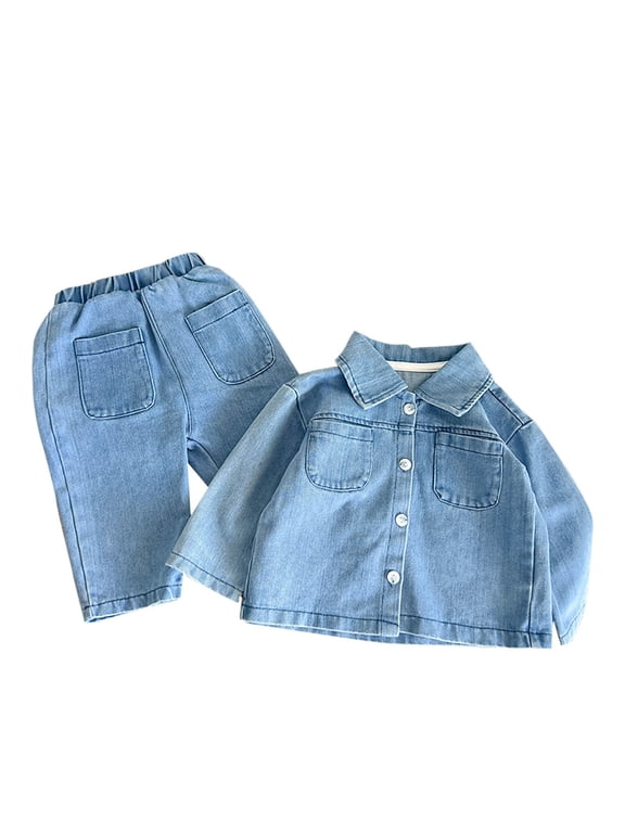 Toddler Baby Boys Girls 2PCS Jeans Outfits Denim Butotn down Shirts Tops+ Long Jeans Clothing Sets