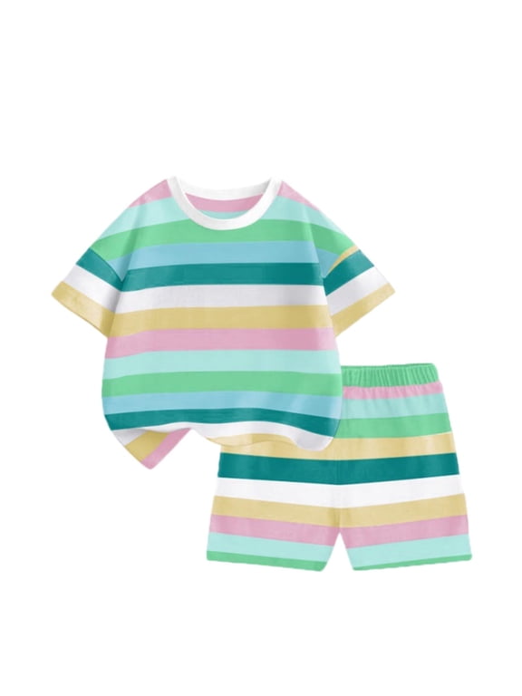Toddler Baby Boys Girls Summer Clothes 2 Piece Striped Outfits Short Sleeve T-Shirt and Shorts Set 1-14 Years