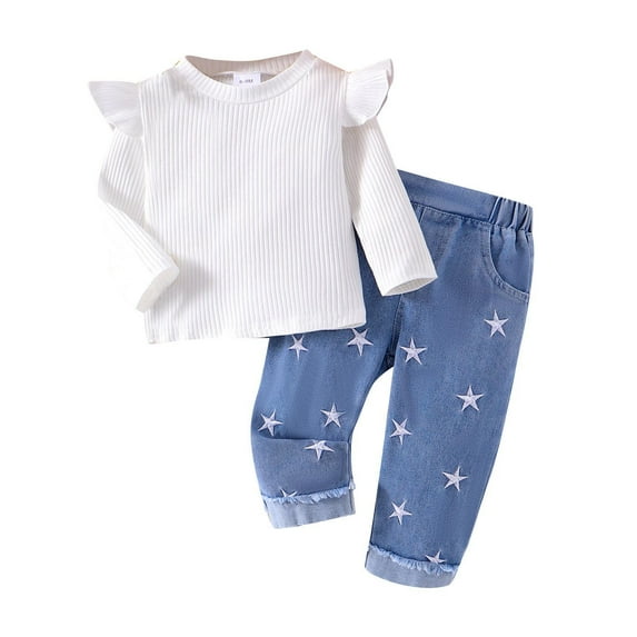 BLVB Toddler Baby Girl Clothes Cute Girl Outfit Fall Winter Ruffle Ribbed Shirt Top Jeans Outfit Set